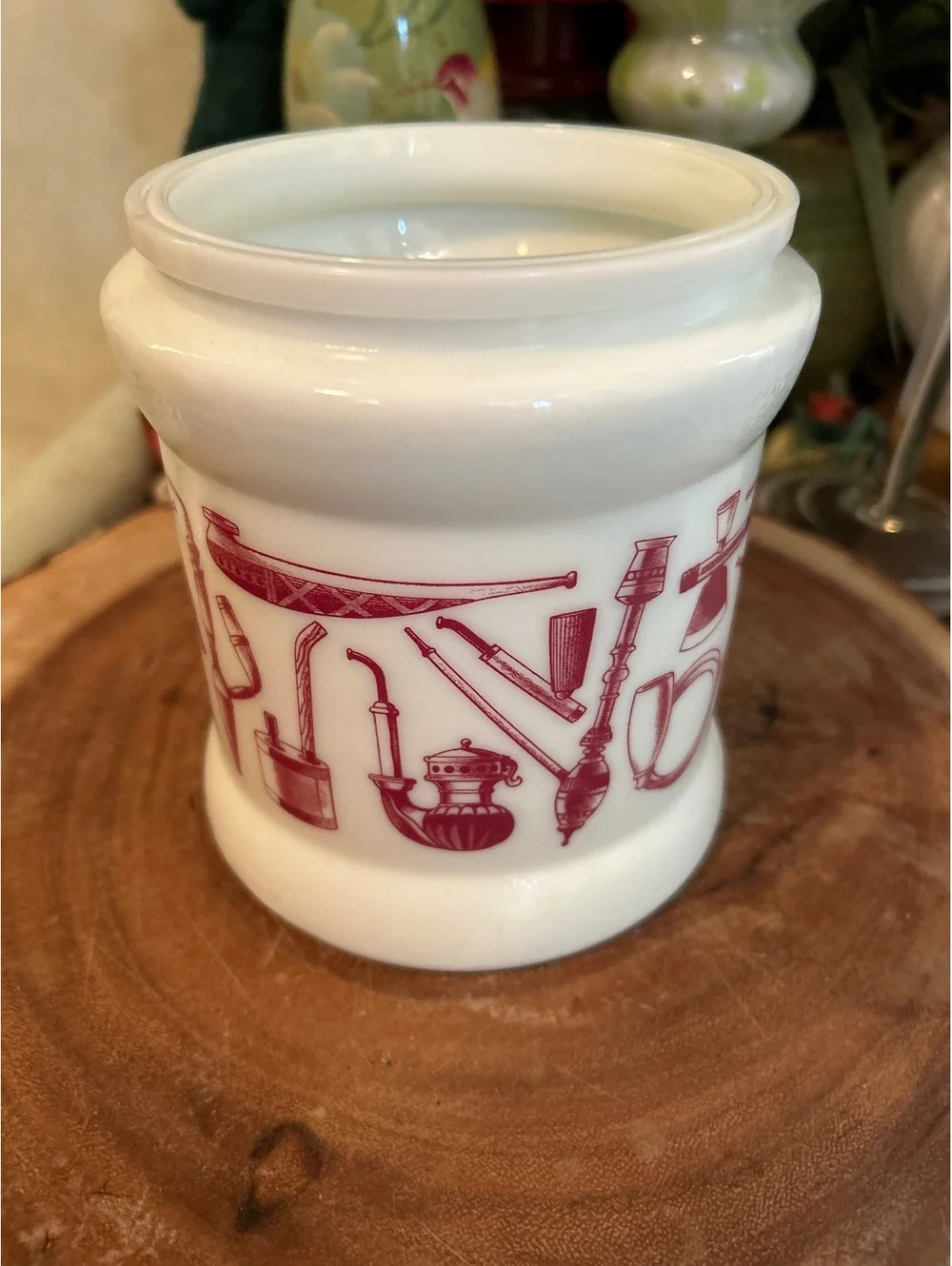 Vintage White Ceramic Apothecary Jar with Red Medical Instrument Design